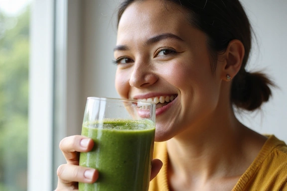 Mujer sonriente bebiendo un batido verde saludable en un entorno luminoso y natural.
