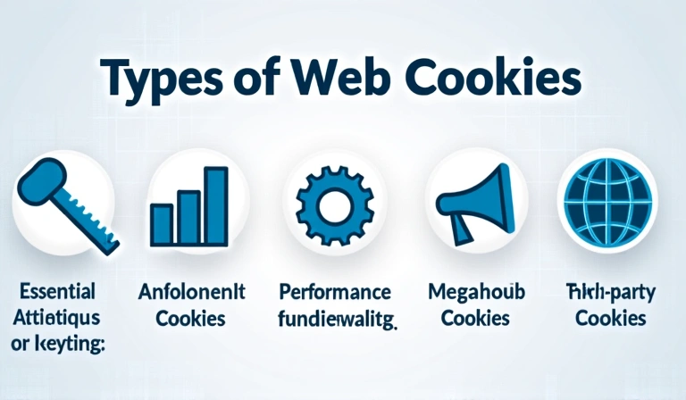 Representación visual de diferentes tipos de cookies web con iconos: una llave para esenciales, un gráfico para rendimiento, un engranaje para funcionalidad, un megáfono para publicidad y un globo para terceros.