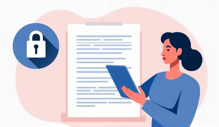 Ilustración de una persona leyendo un documento de privacidad con un candado de seguridad