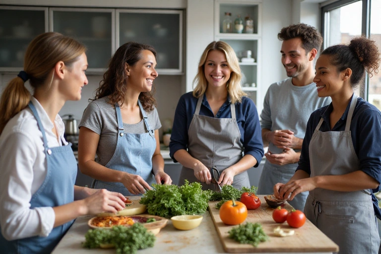 Grupo de personas sonriendo y participando en un taller de cocina saludable interactivo