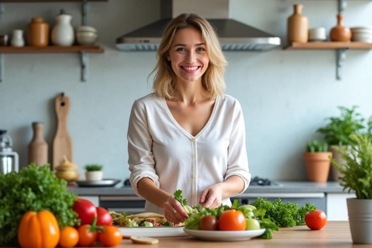 Mujer sonriendo mientras prepara una ensalada saludable en la cocina